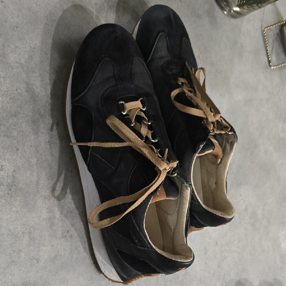 Black Suede Sneakers with Tan Laces